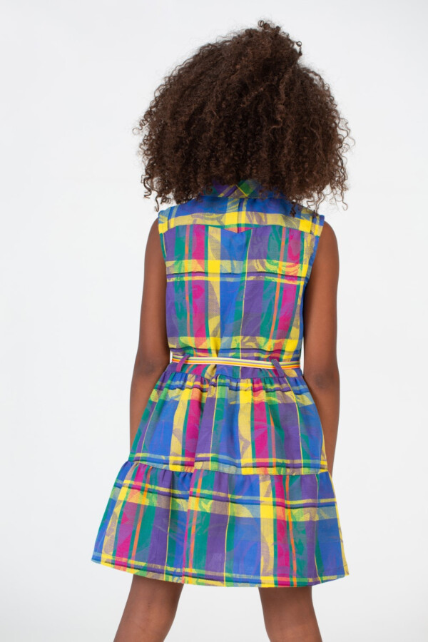 Girls Checkered Yellow Cut Dress With A Collar And Colorful Front Buttons