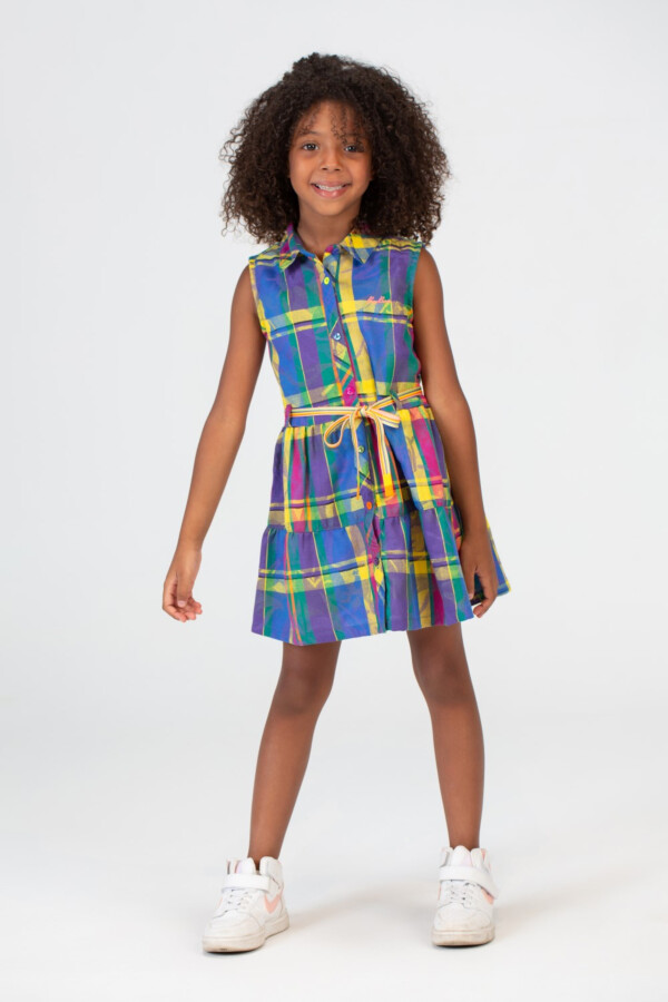 Girls Checkered Yellow Cut Dress With A Collar And Colorful Front Buttons