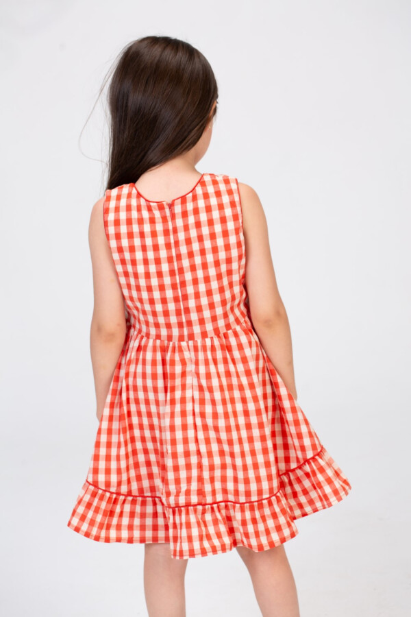 Girls Sleeveless Checkered Dress With Ruffles At The Bottom In Red