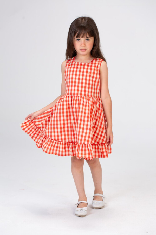 Girls Sleeveless Checkered Dress With Ruffles At The Bottom In Red