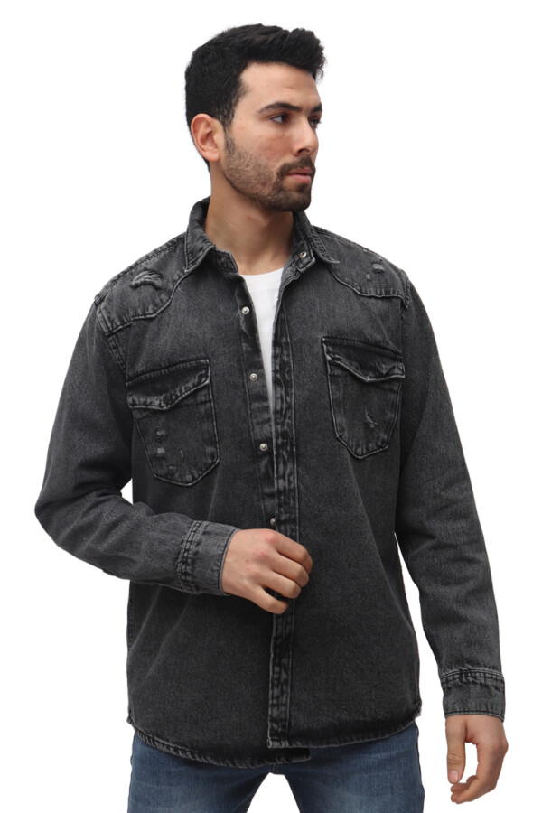 Men's Denim Front Pockets Cutting Details Long Sleeves Shirt