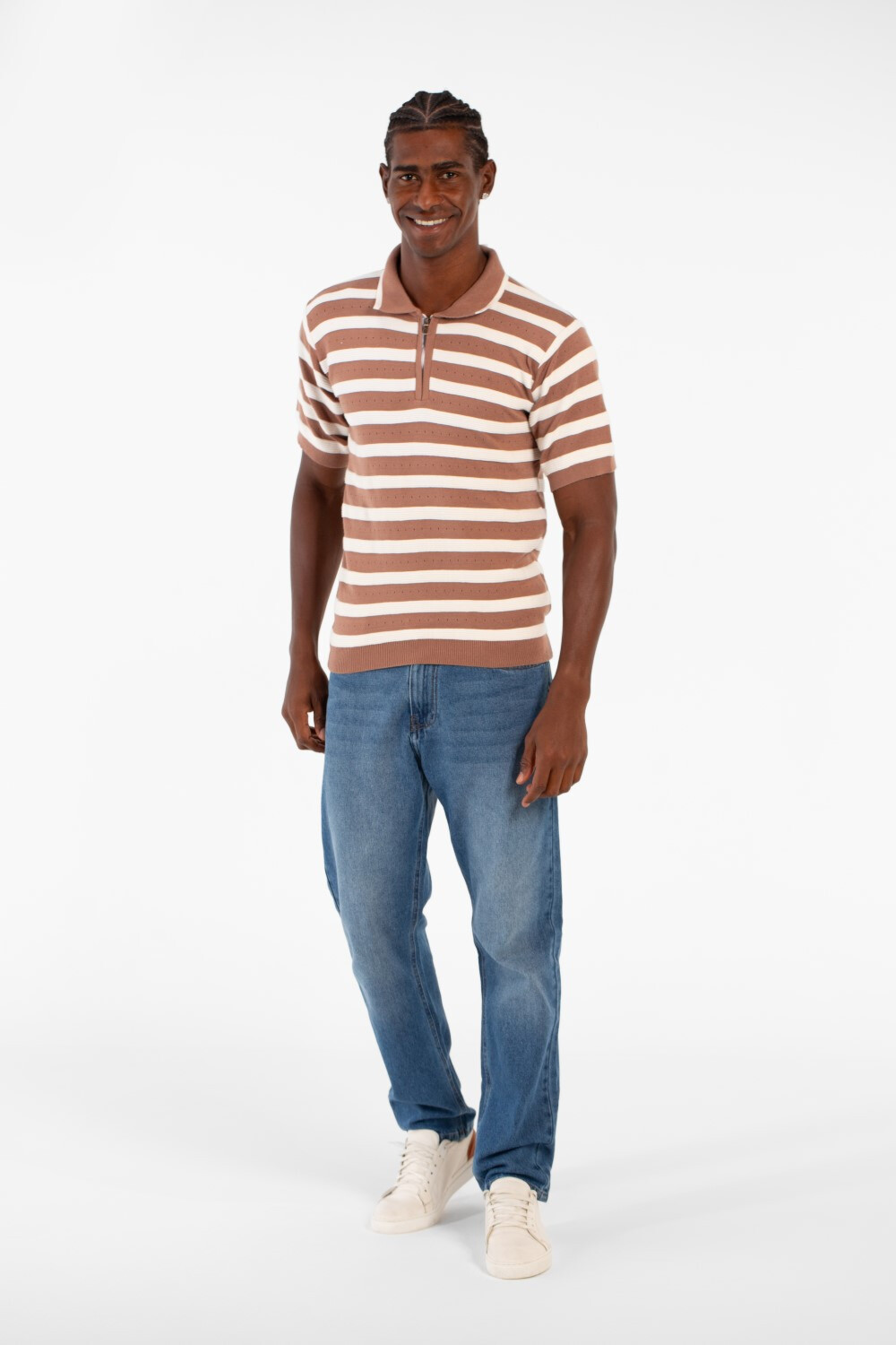 Men's Striped Short Sleeve Slim Fit T-Shirt Half Front Zipper Breathable Fabric