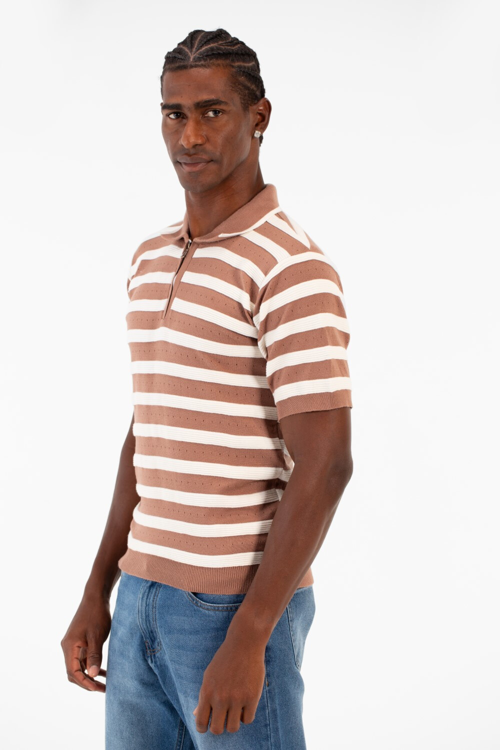 Men's Striped Short Sleeve Slim Fit T-Shirt Half Front Zipper Breathable Fabric