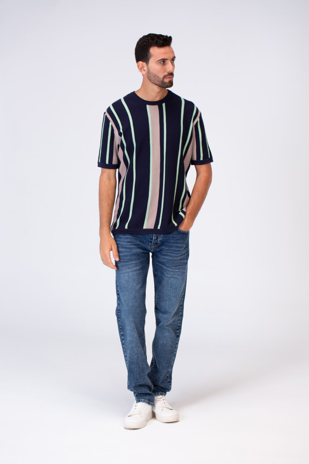Mens Half Sleeved Round Striped Slim Fit T-shirt With A Modern Summer Cut