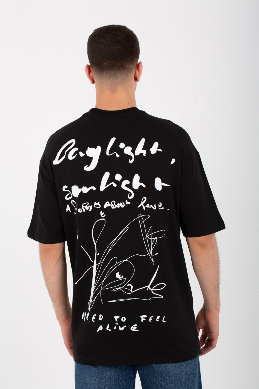 Mens Round Over Size T-Shirt In Melton Material With Front And Back Print