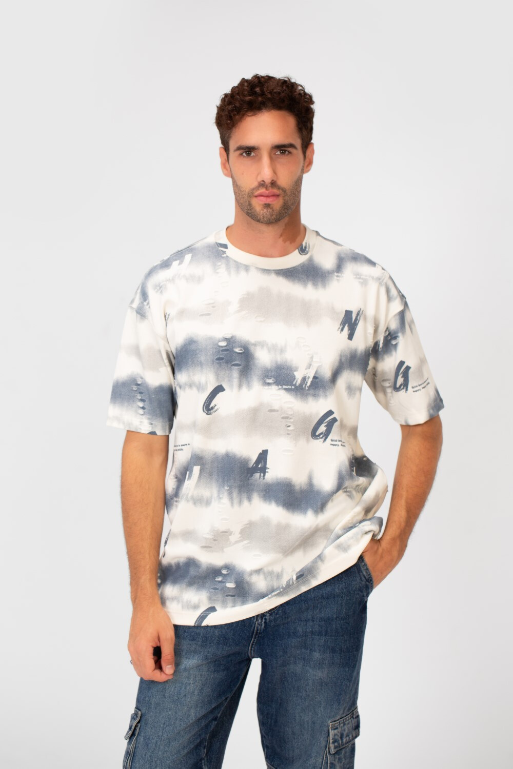 Men's Regular Fit Crew Neck Half Sleeve T-Shirt with Colored Letters Print