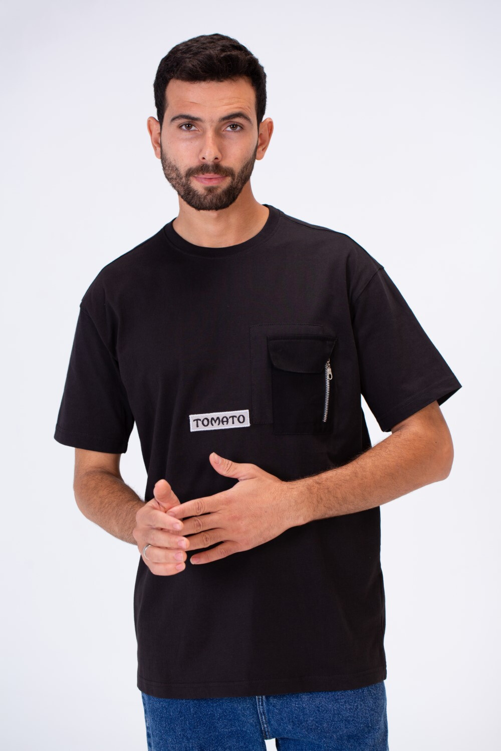 Men's Oversized Round Neck T-shirt With Tomato Print And A Pocket On The Front