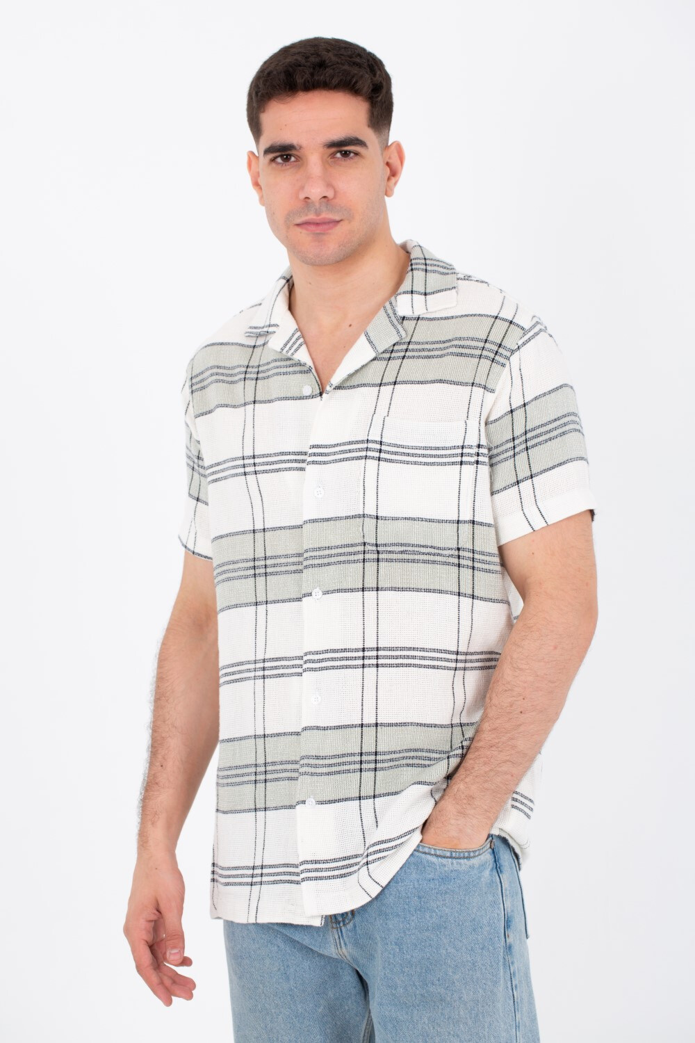 Mens Checkered Half Sleeve Slim Fit Trico Shirt With Front Buttons