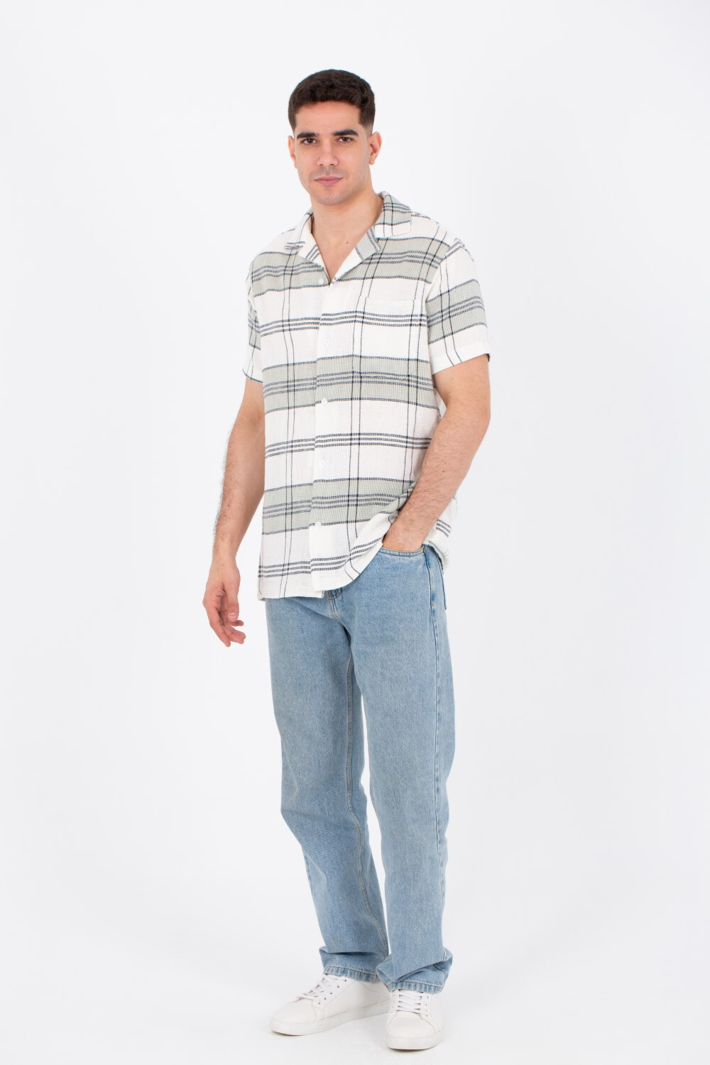 Mens Checkered Half Sleeve Slim Fit Trico Shirt With Front Buttons