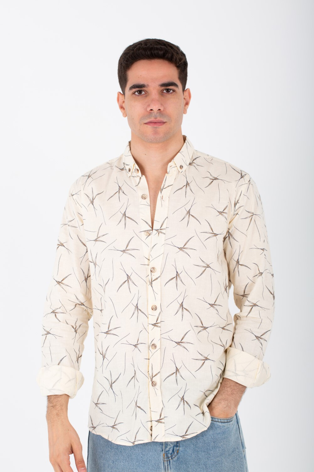 Mens Slim Fit Shirt With Collar And Long Sleeves Printed In Poplin Material