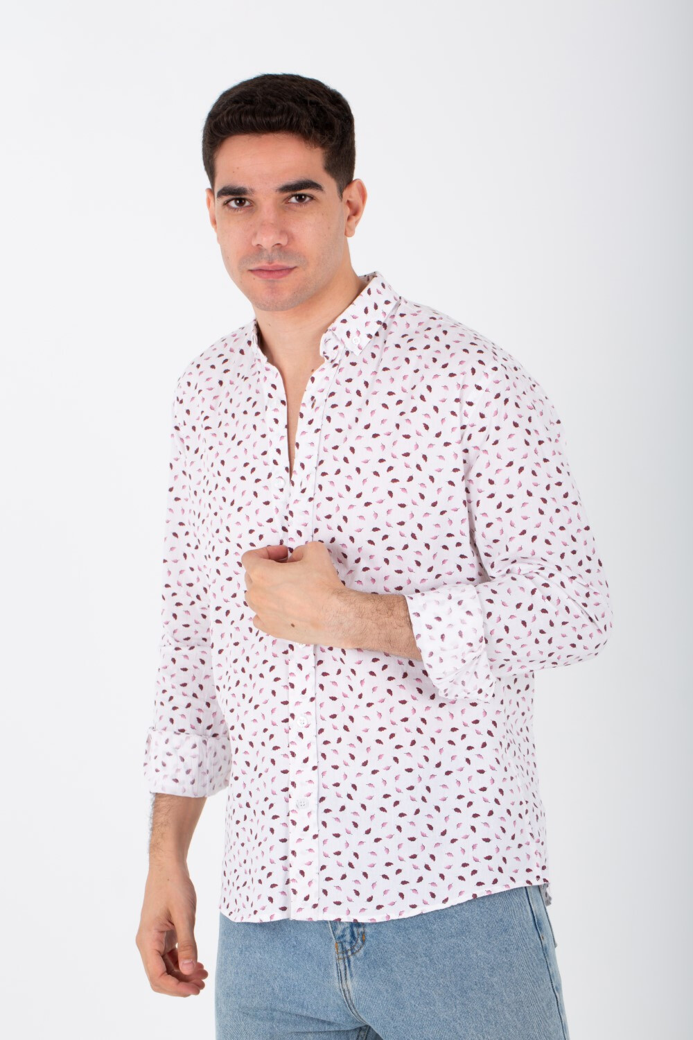 Mens Long Sleeves Slim Fit All Over Print Poplin Shirt