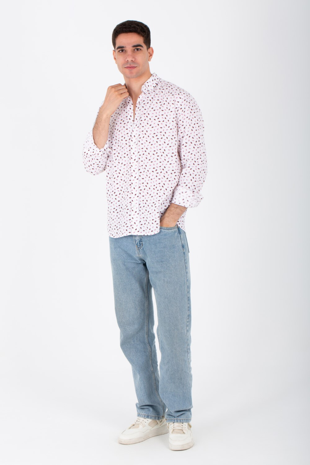Mens Long Sleeves Slim Fit All Over Print Poplin Shirt