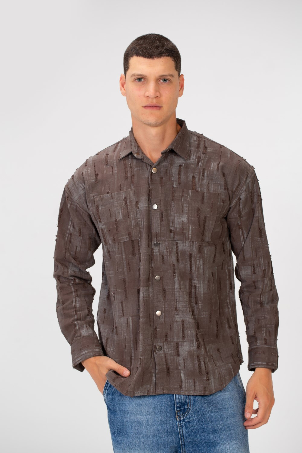 Men's Printed Slim Fit Long Sleeve Shirt With Front Pockets