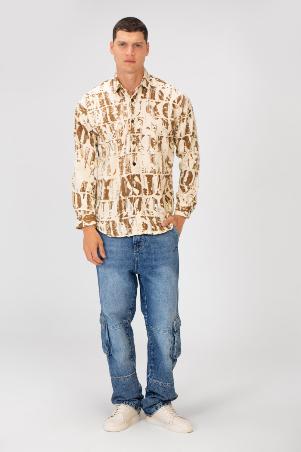 Men's Printed Cutting Slim Fit Long Sleeve Casual Shirt