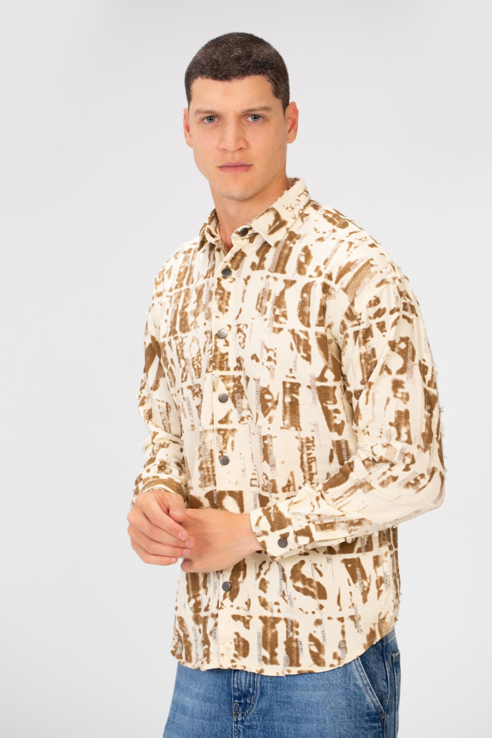 Men's Printed Cutting Slim Fit Long Sleeve Casual Shirt