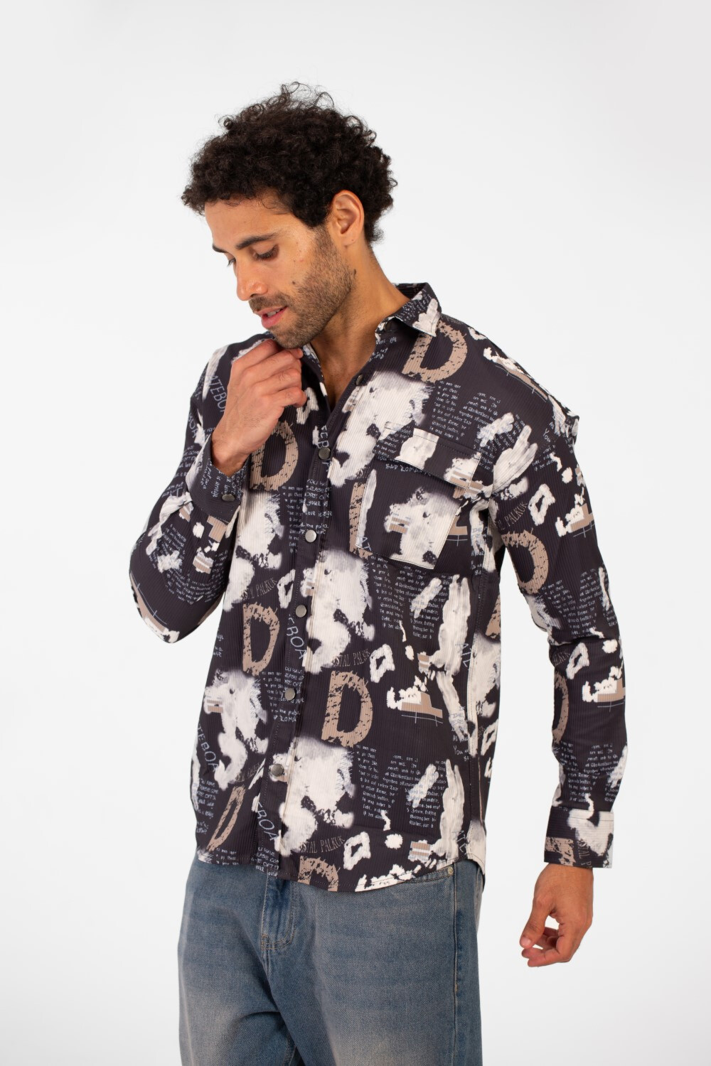 Men's Slim Fit All Over Print Long Sleeve Shirt With Front Pocket