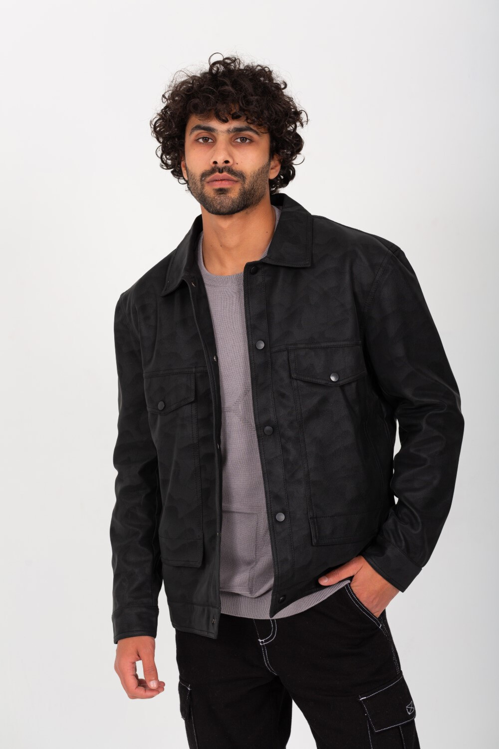 Men's Fashion Casual Full Zipper Leather Jacket With Front Pockets