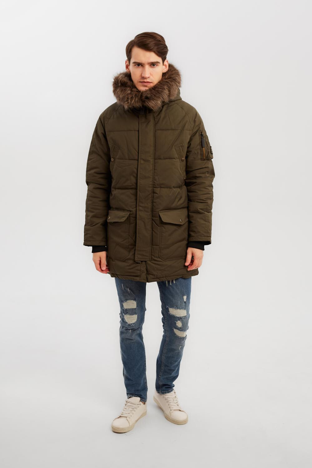Men's Casual Puffer Long Style Front Pockets Full Zipper Fur Hooded Waterproof Jacket