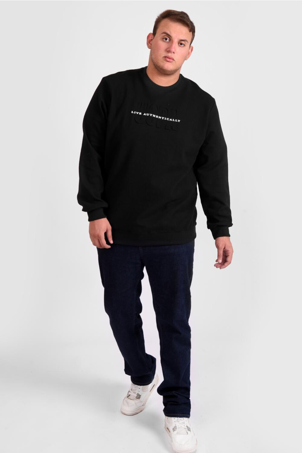 Men's Big Size Long Sleeve Rounded Neck Front Chest Printed Padded Melton Sweatshirt