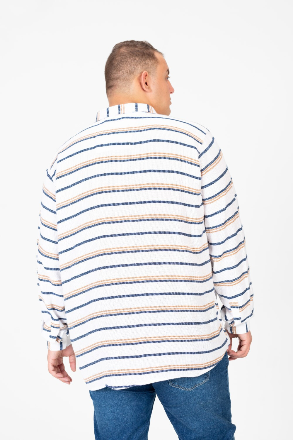 Men's Big Size Beige Striped Long Sleeved Shirt