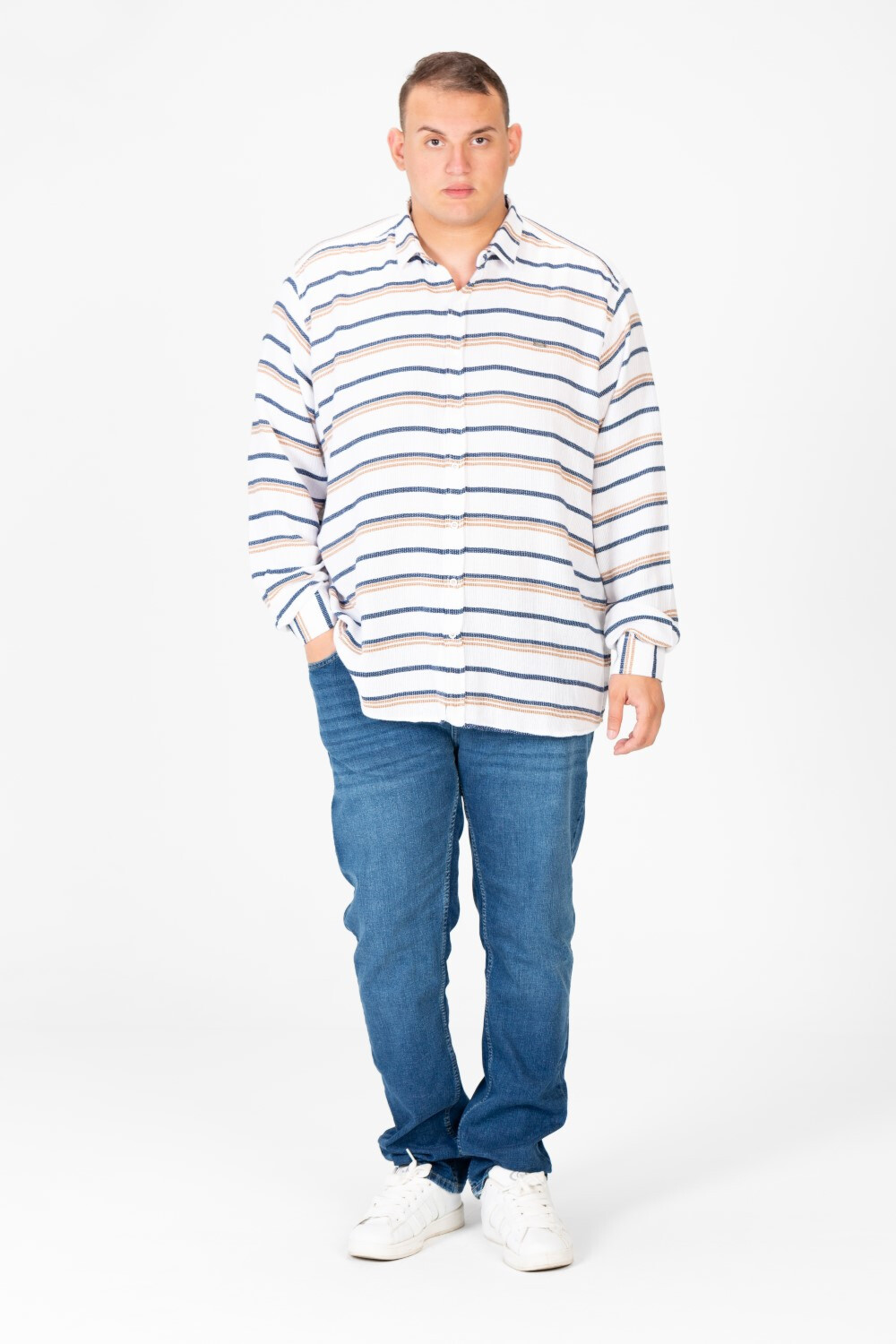Men's Big Size Beige Striped Long Sleeved Shirt