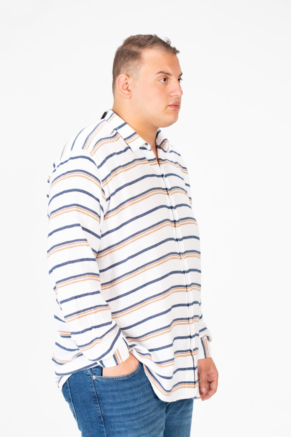 Men's Big Size Beige Striped Long Sleeved Shirt