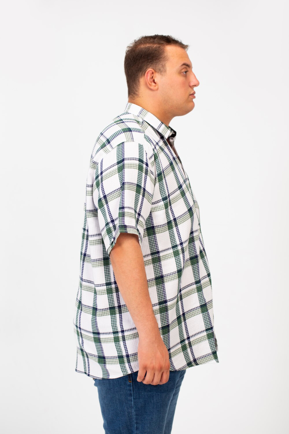 Men's Big Size Checked Shirt With Short Sleeves And Full Front Buttons