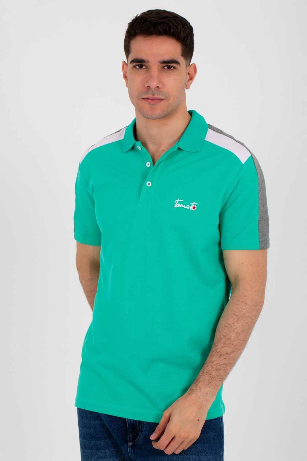 Mens Polo T-shirt With A Half Sleeve Collar And A Tomato Badge On The Front