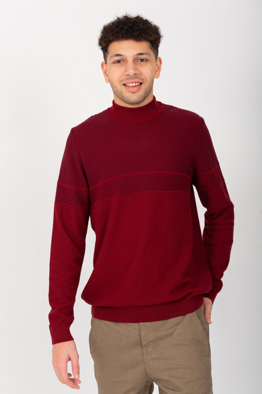 Men's High Neck Basic Made Of Comfort Wool With Designed Pattern Pullover