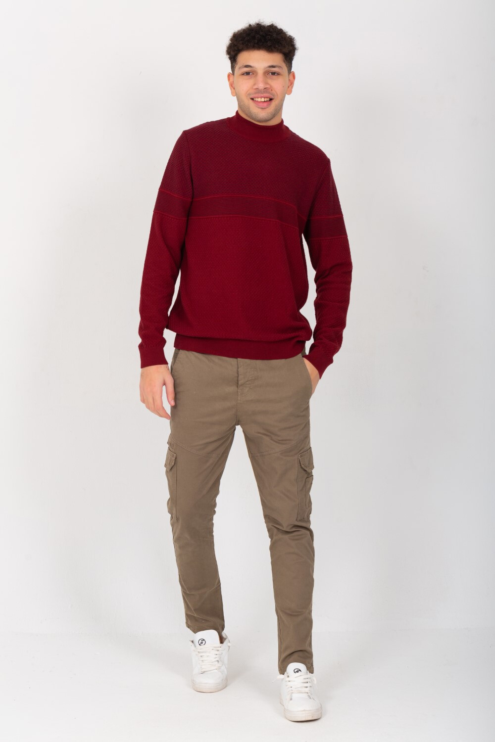 Men's High Neck Basic Made Of Comfort Wool With Designed Pattern Pullover