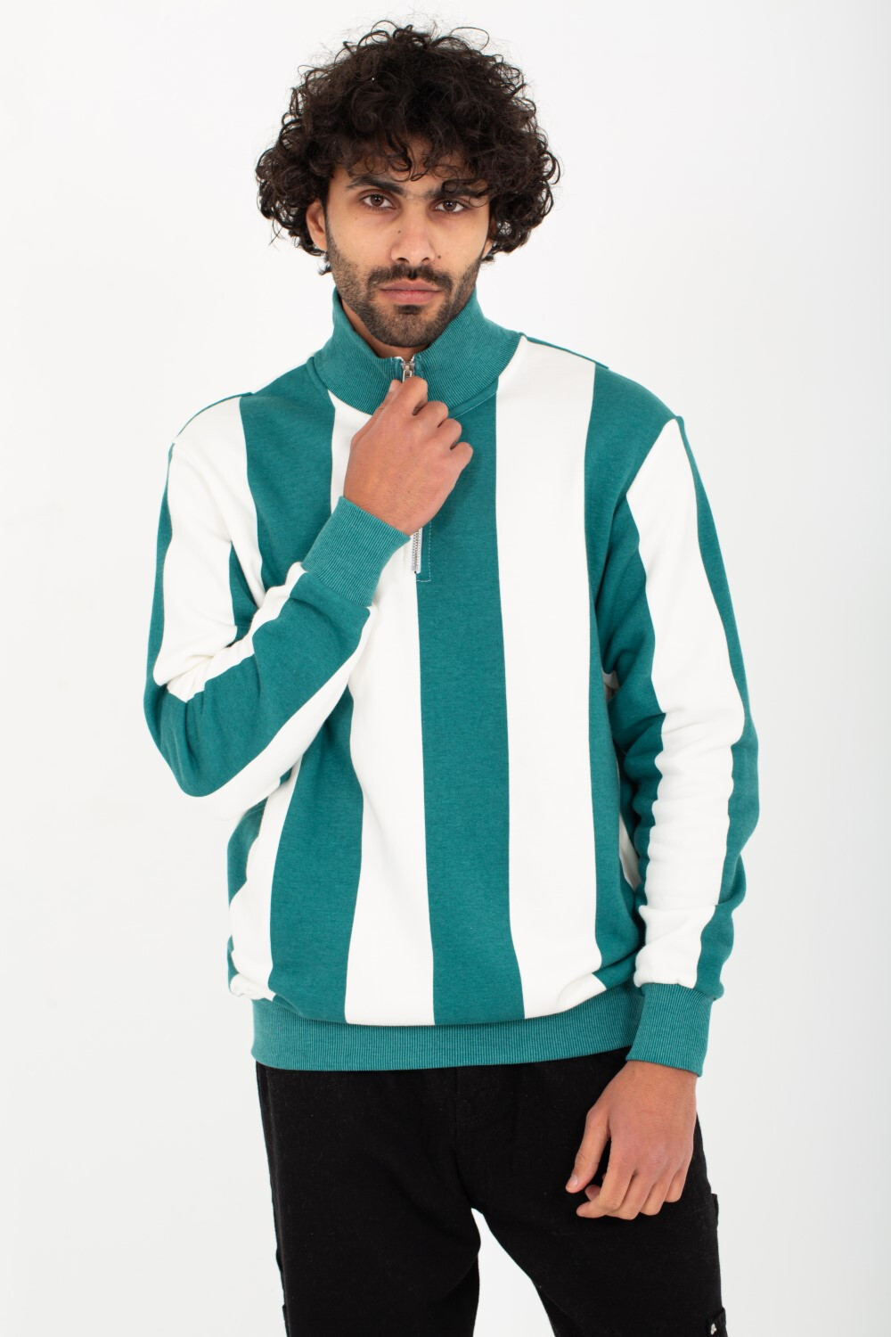 Men's High Neck Padded With Unqiue Modern Half Zipper Striped Sweatshirt