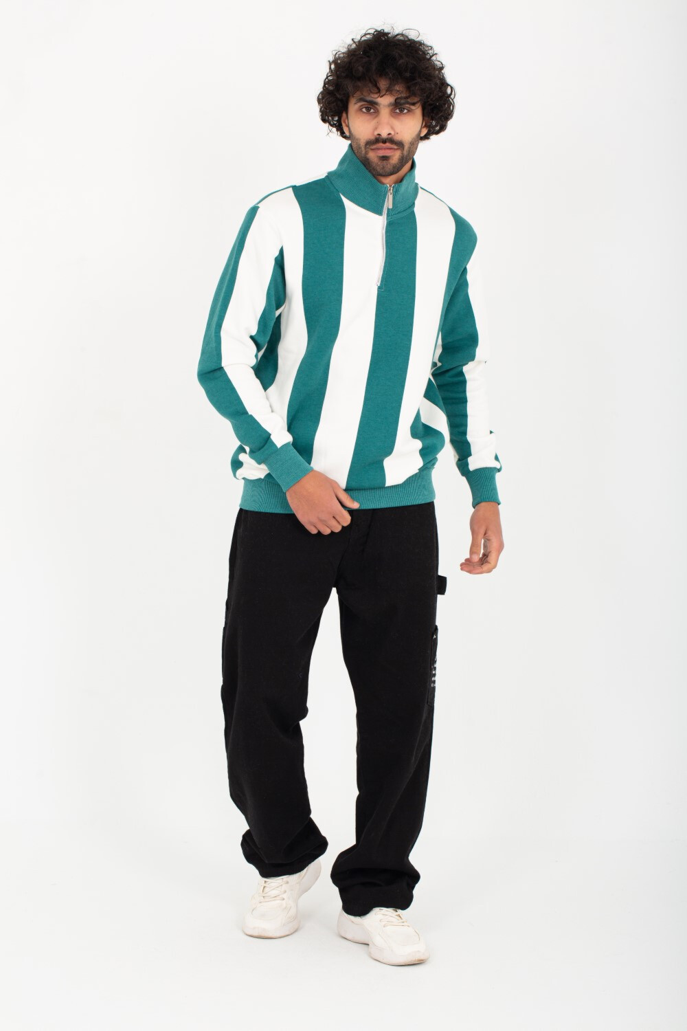 Men's High Neck Padded With Unqiue Modern Half Zipper Striped Sweatshirt