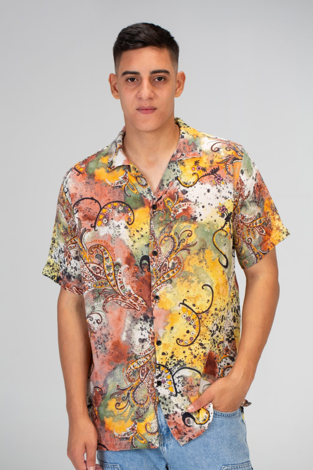 Mens Printed Half Sleeve Slim Fit Shirt With Button Front