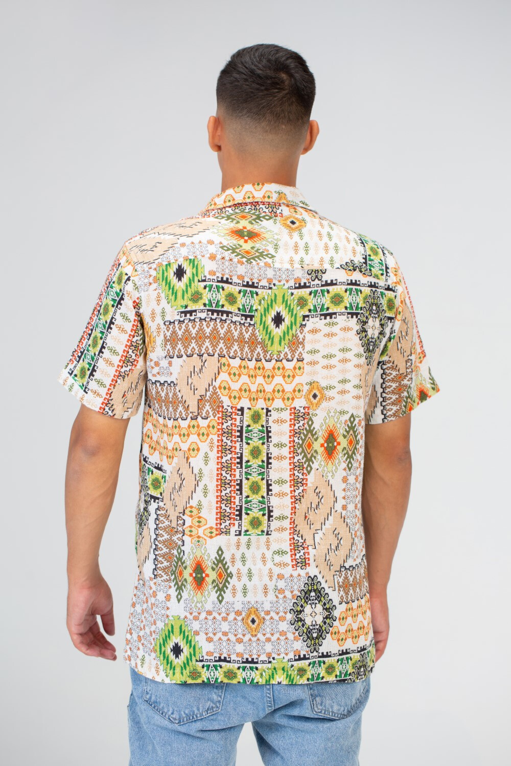 Mens Slim Fit Jakar Half Sleeve Shirt With Summer Print In Beige