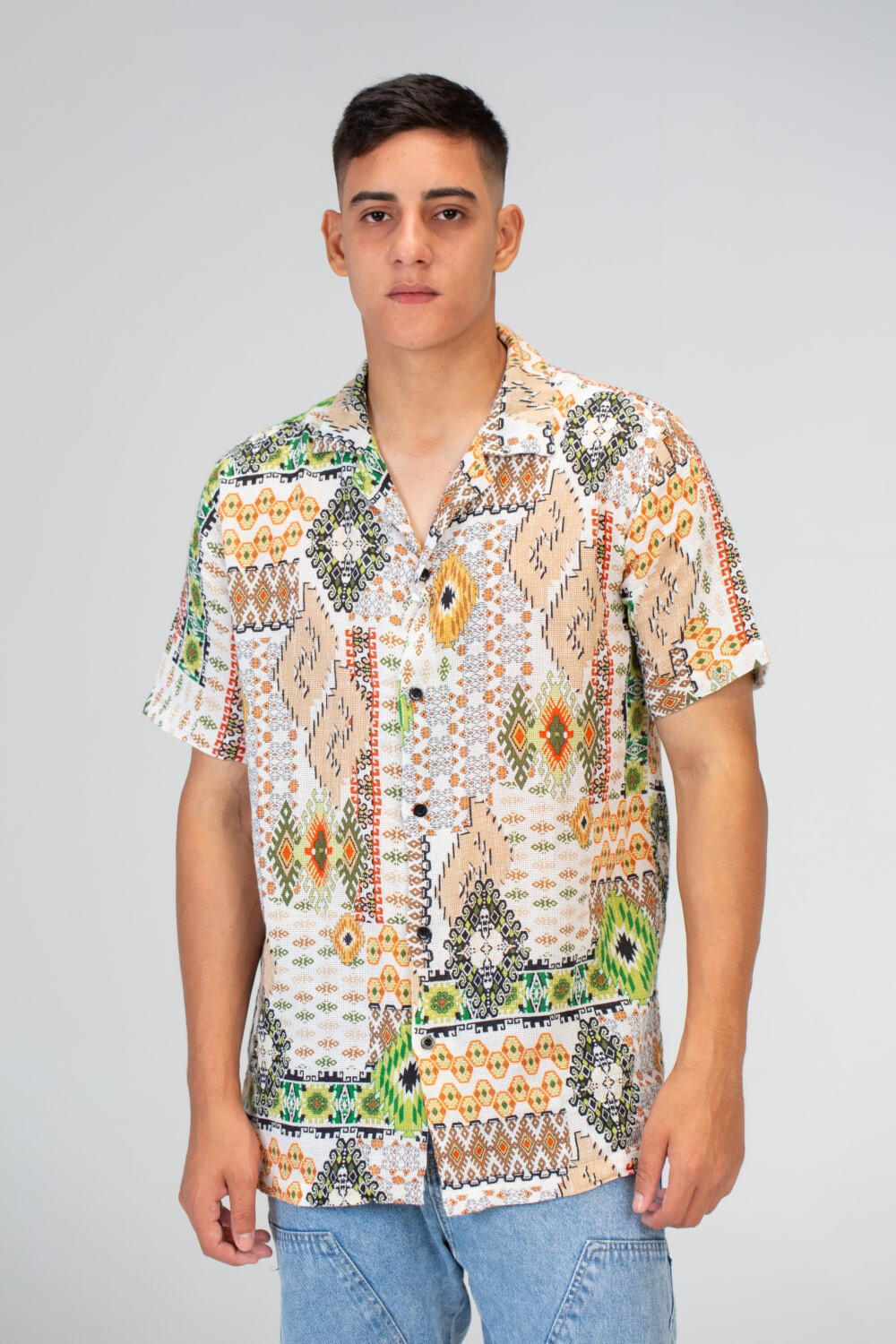 Mens Slim Fit Jakar Half Sleeve Shirt With Summer Print In Beige