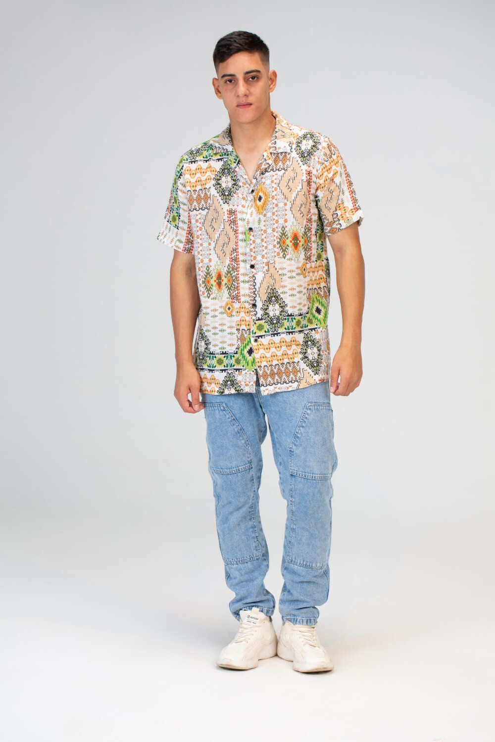 Mens Slim Fit Jakar Half Sleeve Shirt With Summer Print In Beige