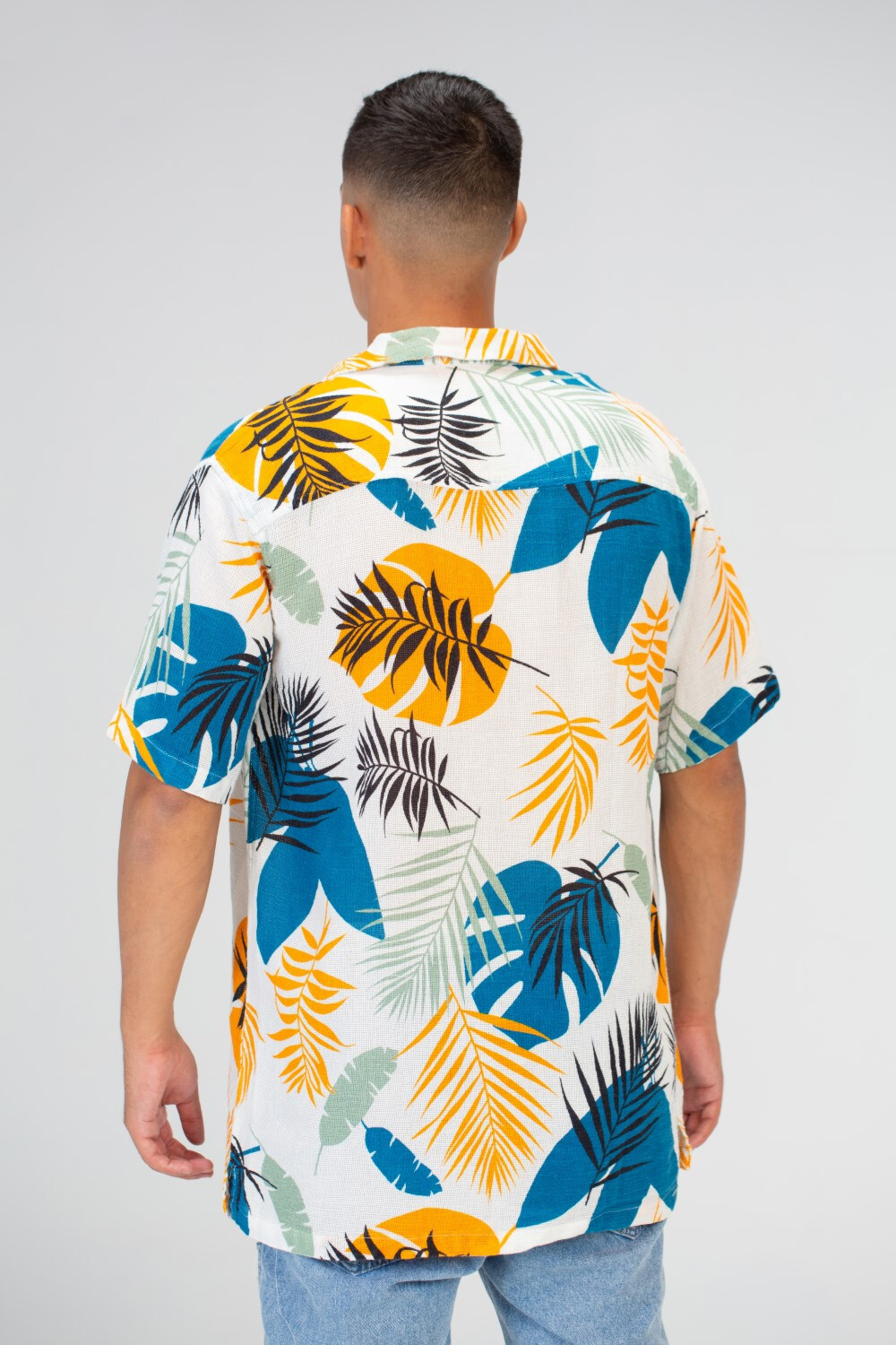Mens Half Sleeved Jakar Shirt With Front Buttons And Summer Print In White