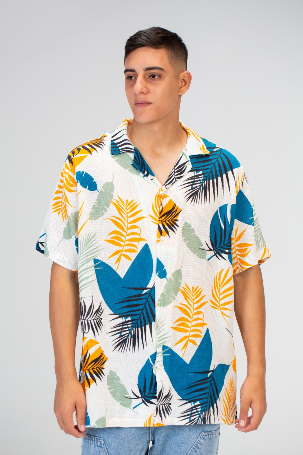 Mens Half Sleeved Jakar Shirt With Front Buttons And Summer Print In White