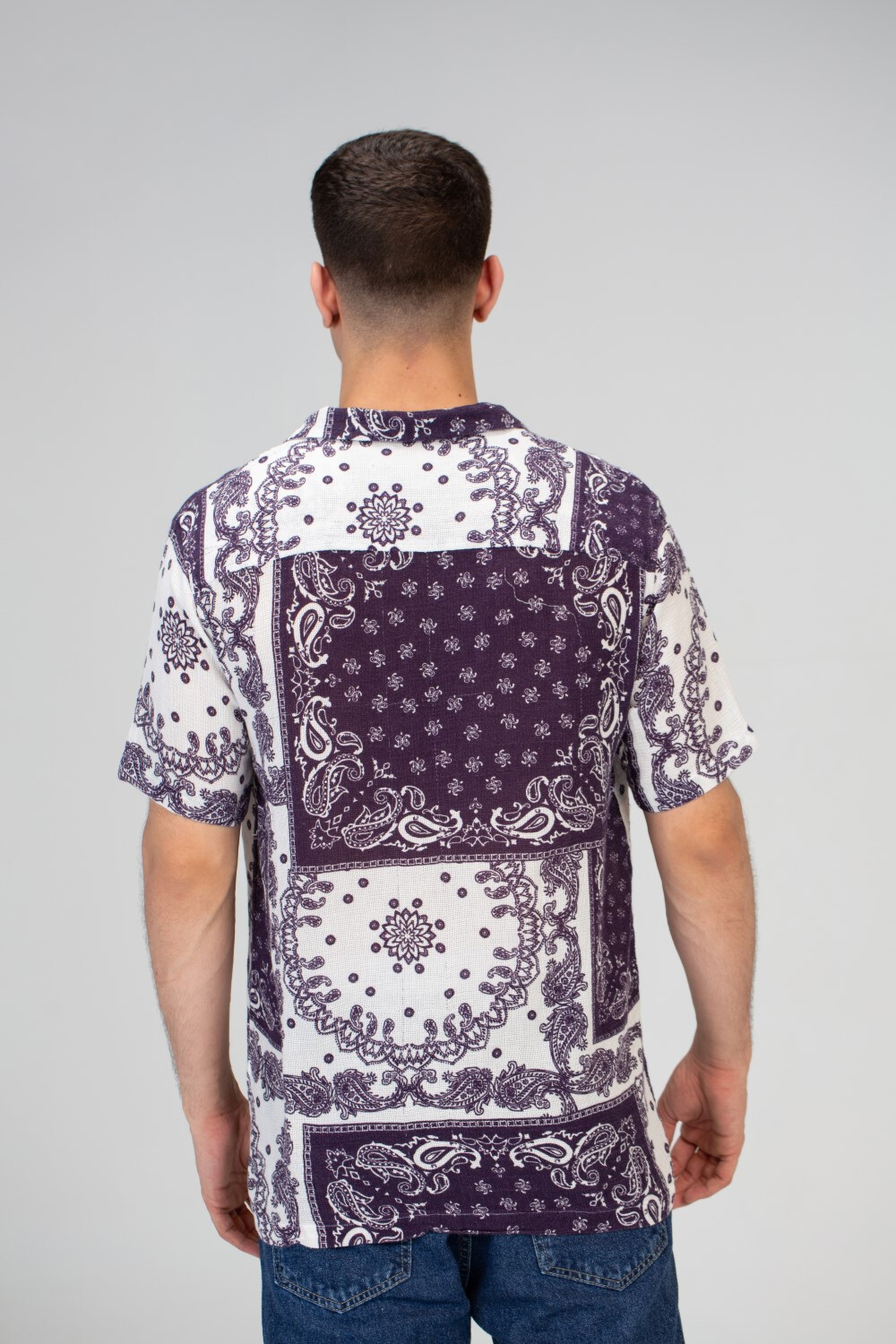 Mens Half Sleeve Jakar Shirt With Full Print And A Distinctive Summer Material In Purple