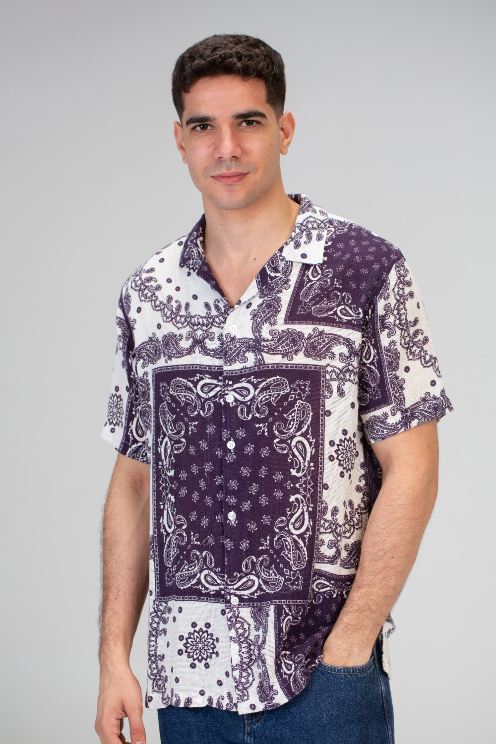 Mens Half Sleeve Jakar Shirt With Full Print And A Distinctive Summer Material In Purple
