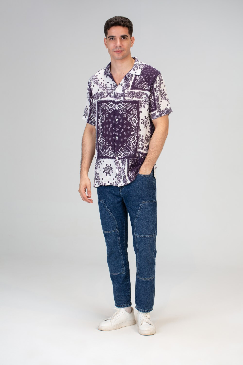 Mens Half Sleeve Jakar Shirt With Full Print And A Distinctive Summer Material In Purple