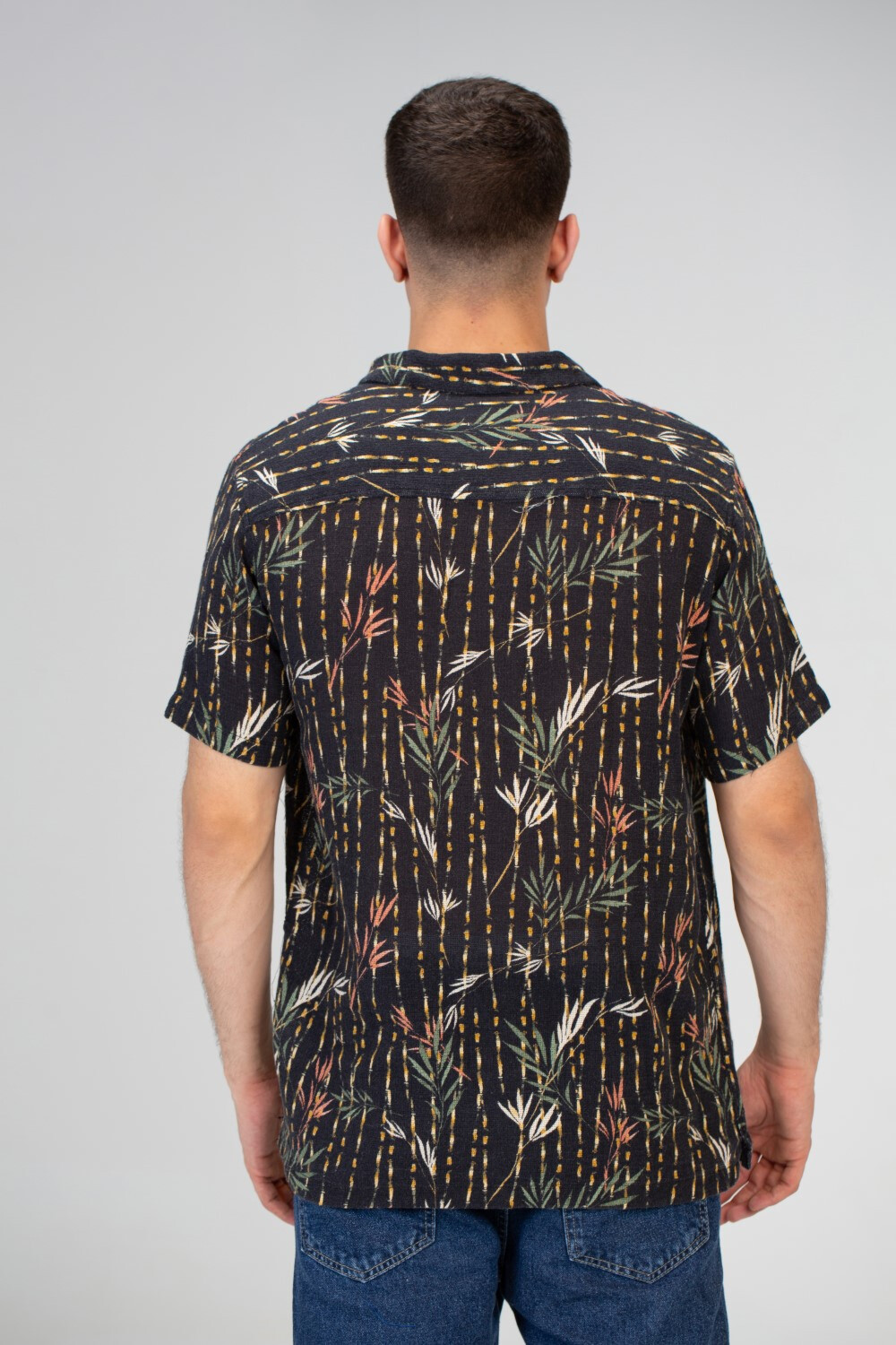 Mens Half Sleeve Jakar Slim Fit Shirt With All Over Print In Navy