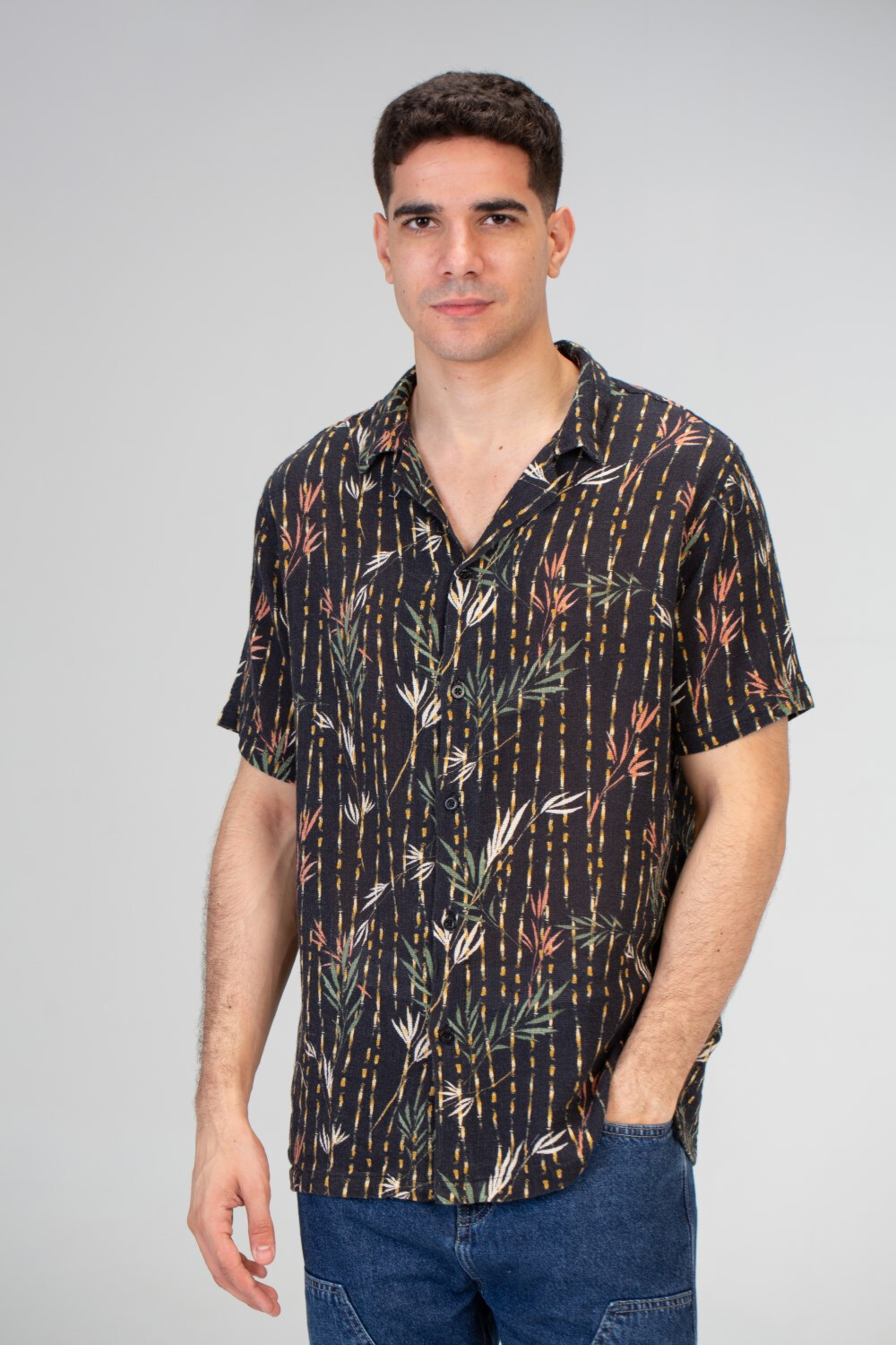 Mens Half Sleeve Jakar Slim Fit Shirt With All Over Print In Navy