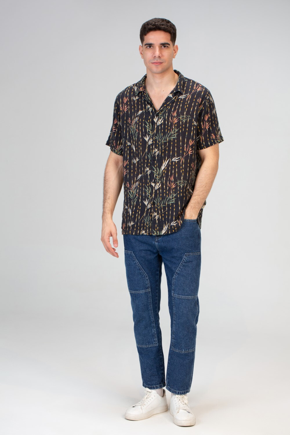 Mens Half Sleeve Jakar Slim Fit Shirt With All Over Print In Navy