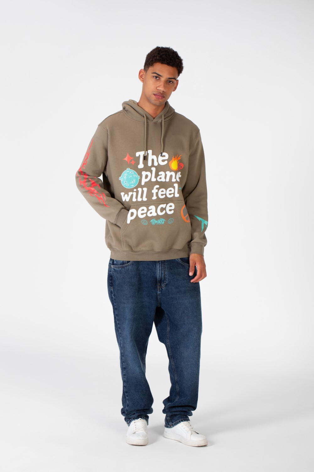 Men's Hooded Sweatshirt With A Melton Material Printed On The Front And Back