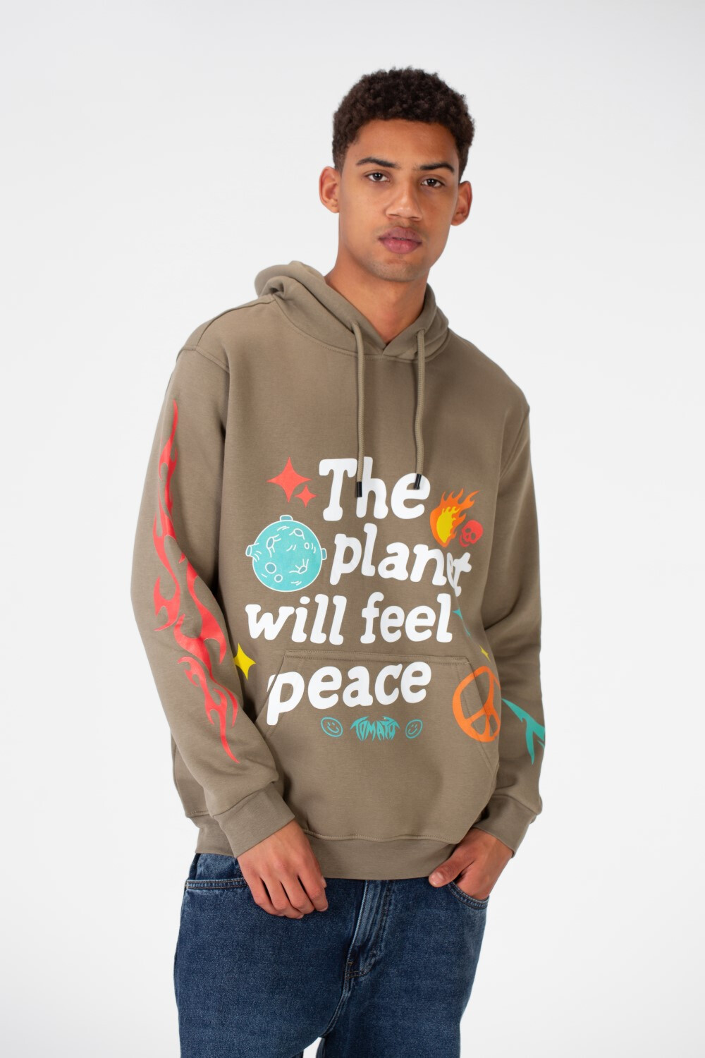 Men's Hooded Sweatshirt With A Melton Material Printed On The Front And Back