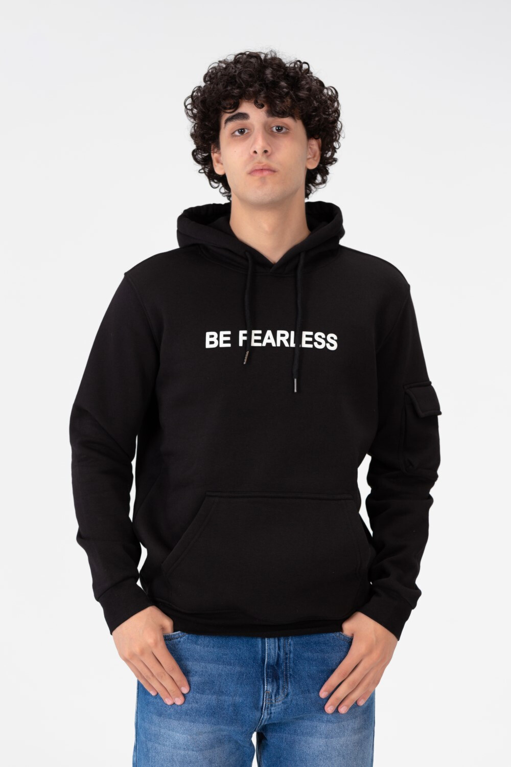 Men's Hoodie Sweatshirt Made Of Milton Material With A Text Print On The Front