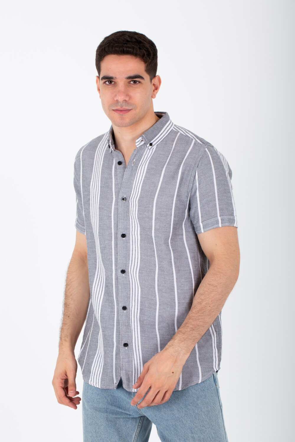 Mens Striped Half Sleeved Shirt With Front Buttons And A Distinctive Summer Material