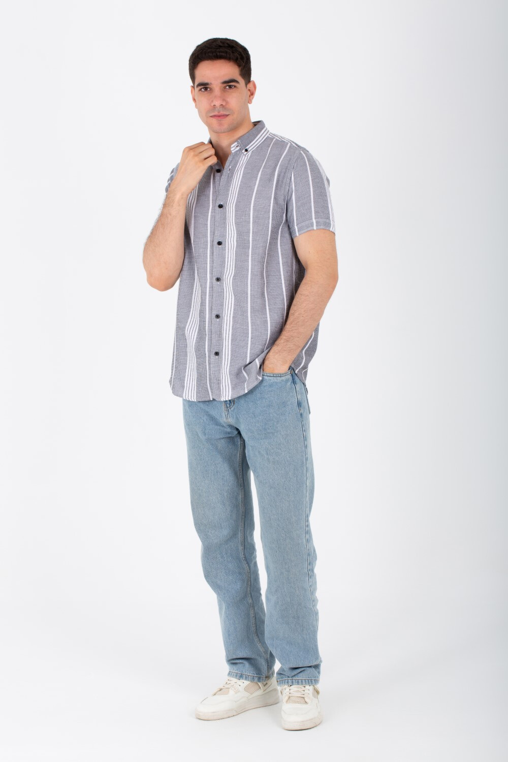 Mens Striped Half Sleeved Shirt With Front Buttons And A Distinctive Summer Material
