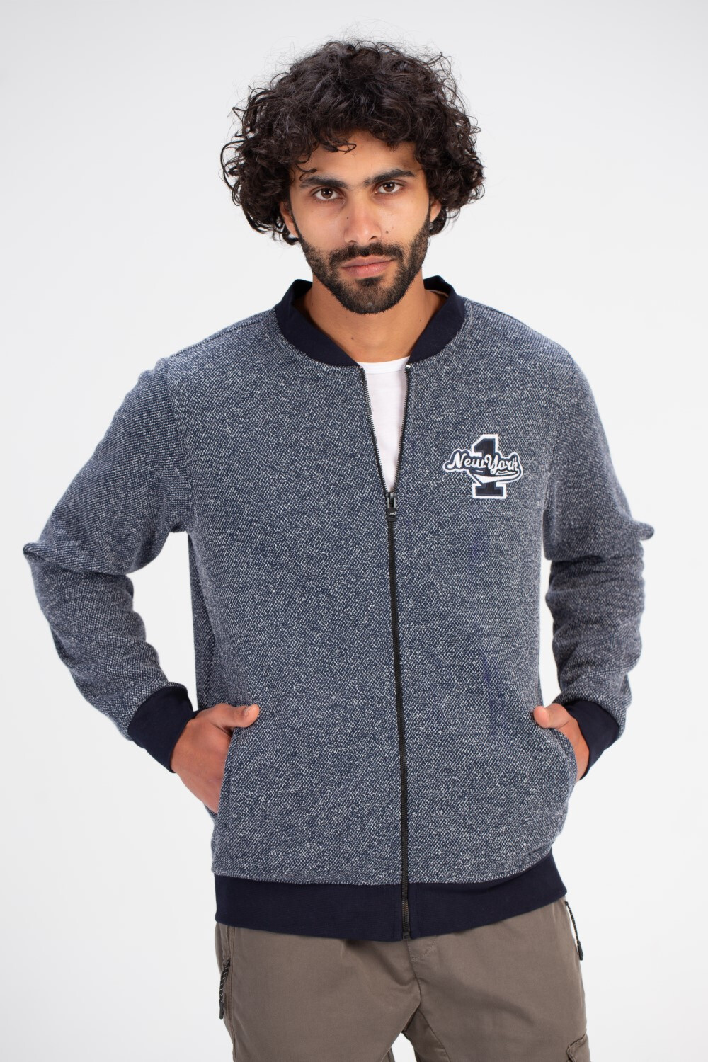 Men's Slim Fit Full Zipper Padded Front Chest Printed Melton Sweatshirt